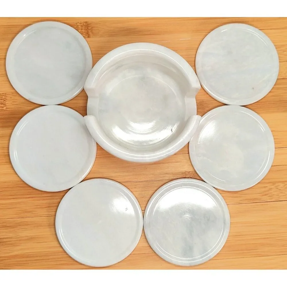 Set of 6 White Carrara Marble Stone Beverage Drink Coasters w/ Matching Base